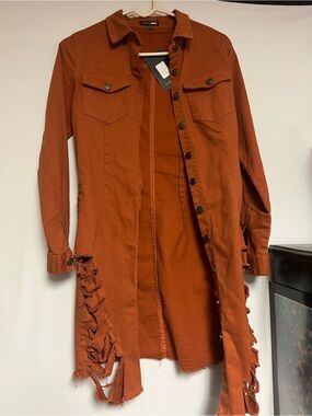 Fashion Nova Rust Orange Distressed Long Jean Jacket